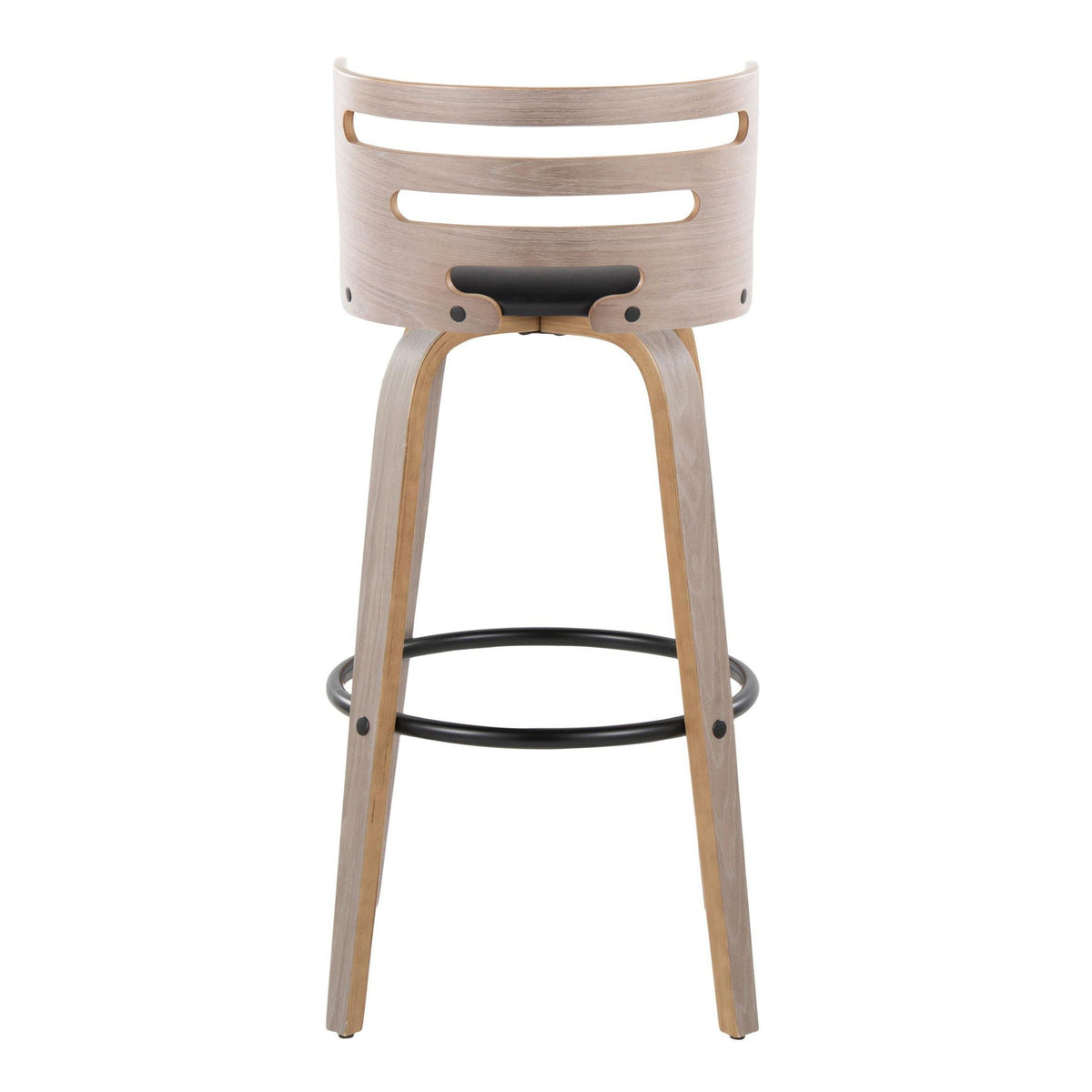 Mid Century Modern fixed height barstool with curved beige wood back and black footrest on Tampa Home & Garden Store
