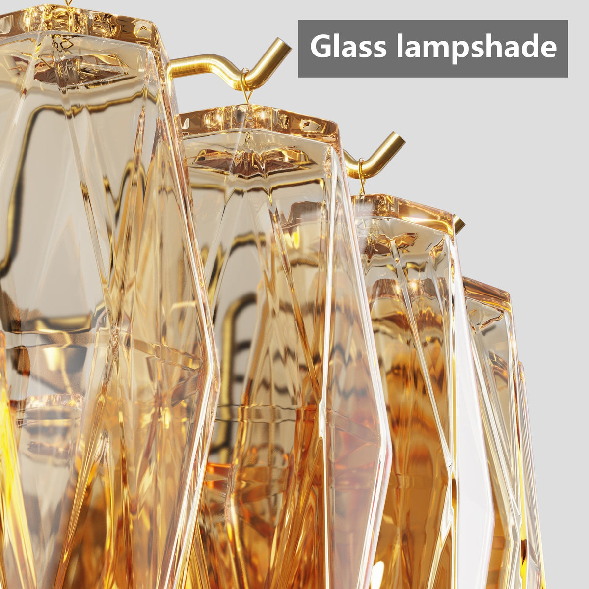 Chandeliers gold glass prisms with faceted rectangle shades over dining table on Tampa Home & Garden Store