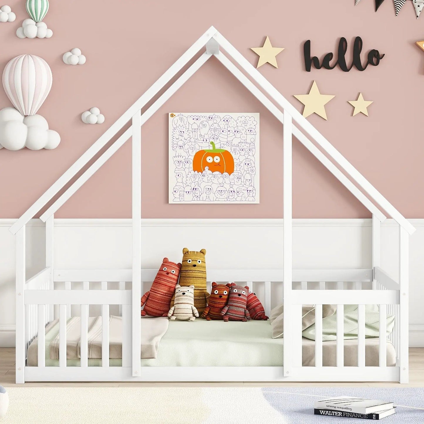 Wood house-shaped floor bed with guardrails for toddlers in white finish on Tampa Home & Garden Store
