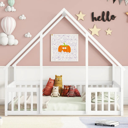 Wood house-shaped floor bed with guardrails for toddlers in white finish on Tampa Home & Garden Store