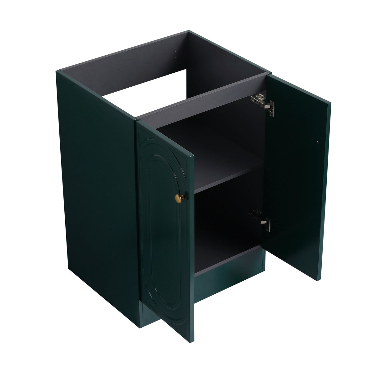 Freestanding bathroom vanity by HouseOfZazla in dark green with open-door shelving on Tampa Home & Garden Store
