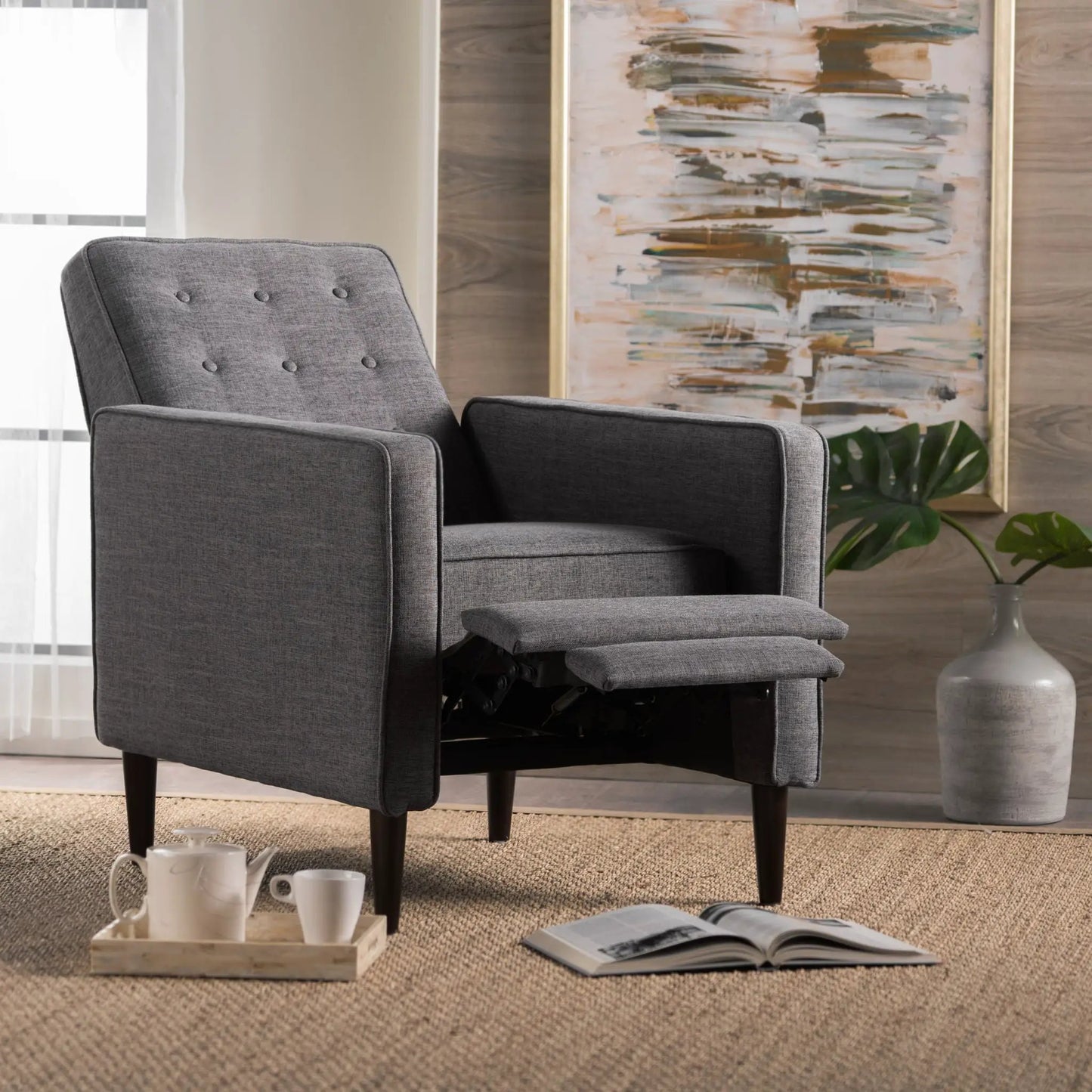 Mid-Century Modern gray reclining chair with button tufting and wooden legs on Tampa Home & Garden Store