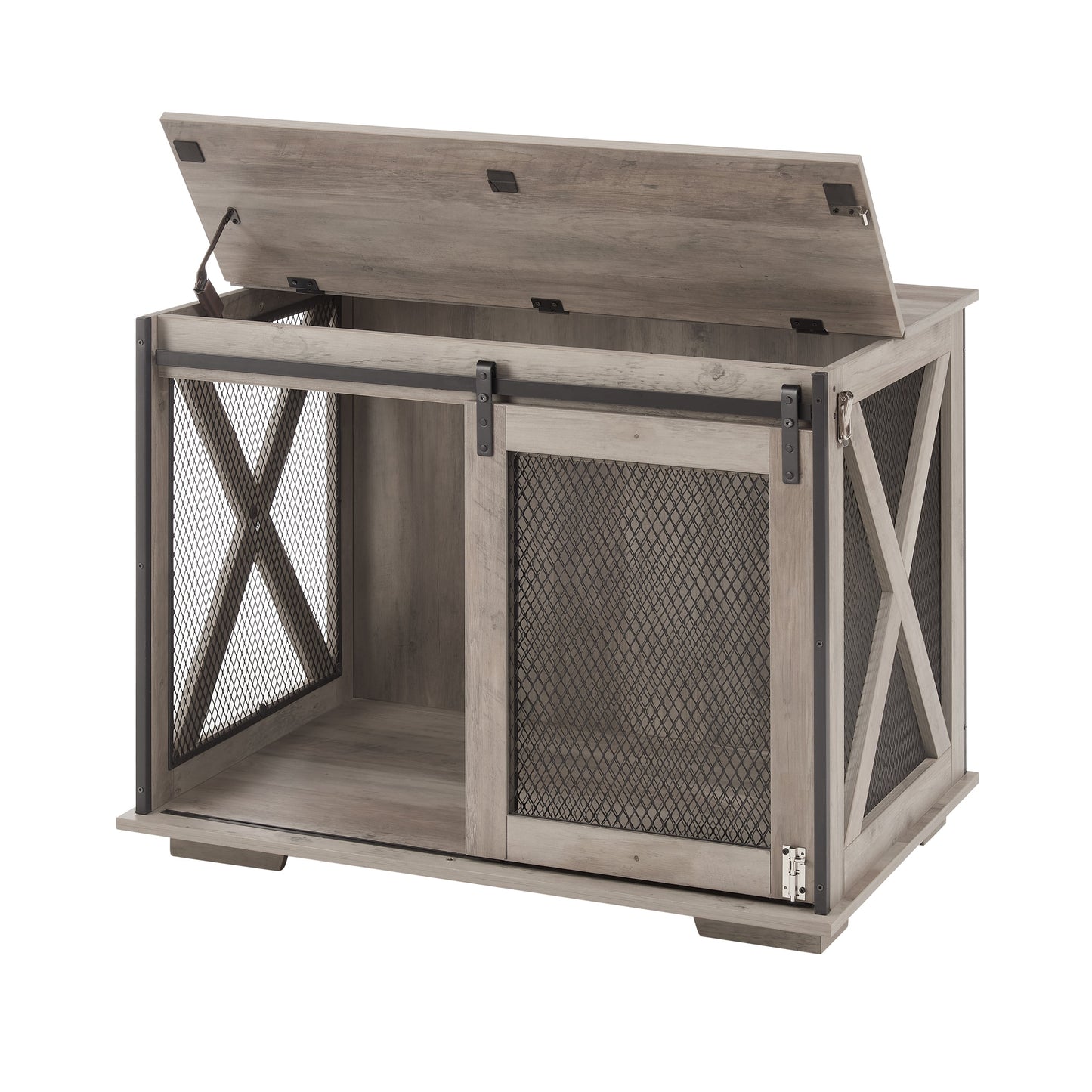 Farmhouse dog crate furniture with sliding barn door, rustic wood finish, HouseOfZazla on Tampa Home & Garden Store