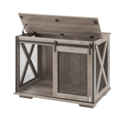 Farmhouse dog crate furniture with sliding barn door, rustic wood finish, HouseOfZazla on Tampa Home & Garden Store