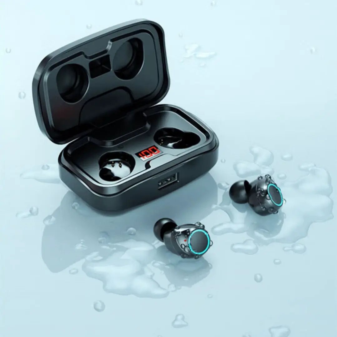 Simple Home Earbuds Bluetooth headset; black with teal ring, two earbuds in charging case on Tampa Home & Garden Store