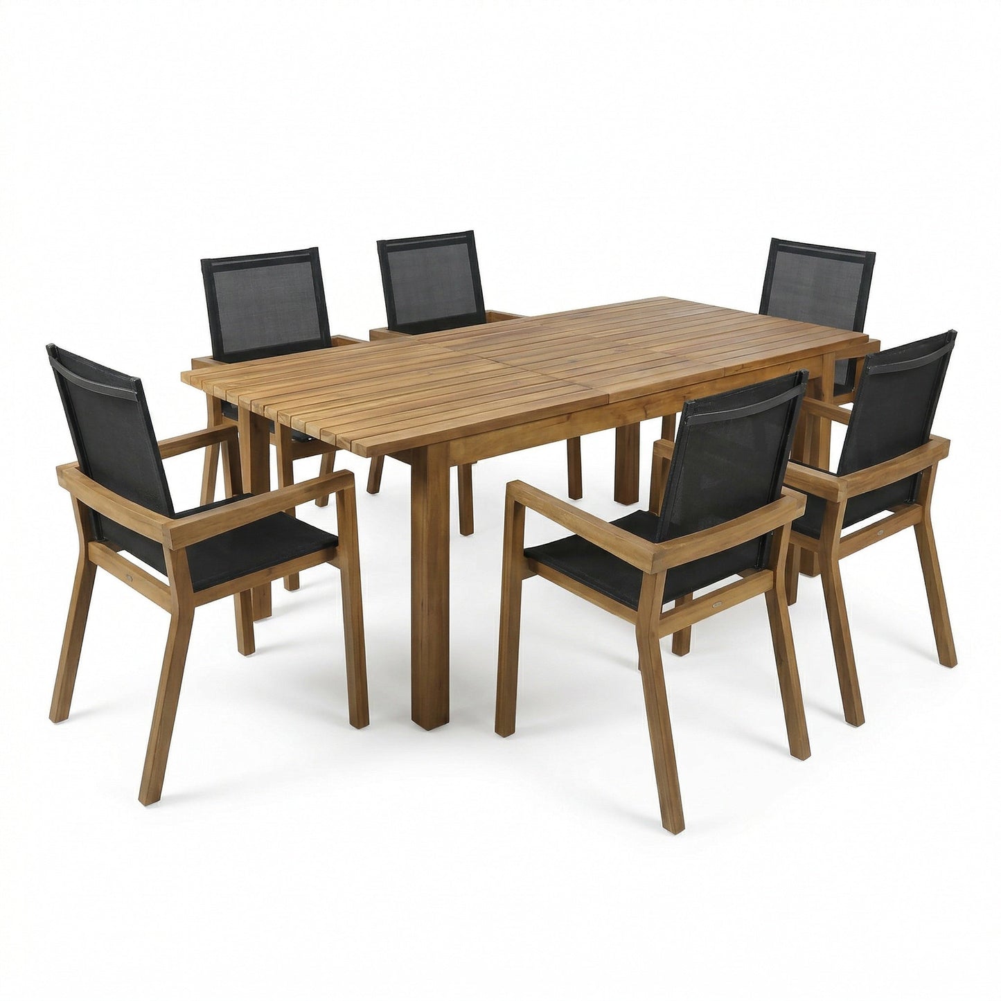 7-piece acacia wood outdoor dining set with slatted table and black mesh chairs by HouseOfZazla on Tampa Home & Garden Store