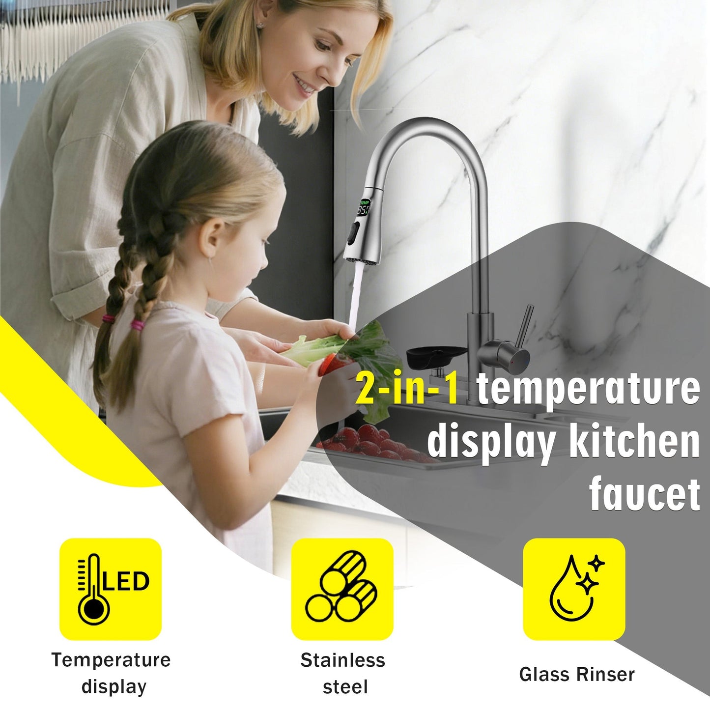 3-in-1 kitchen faucet with LED temperature display, brushed nickel finish, pull-down sprayer by HouseOfZazla on Tampa Home & Garden Store