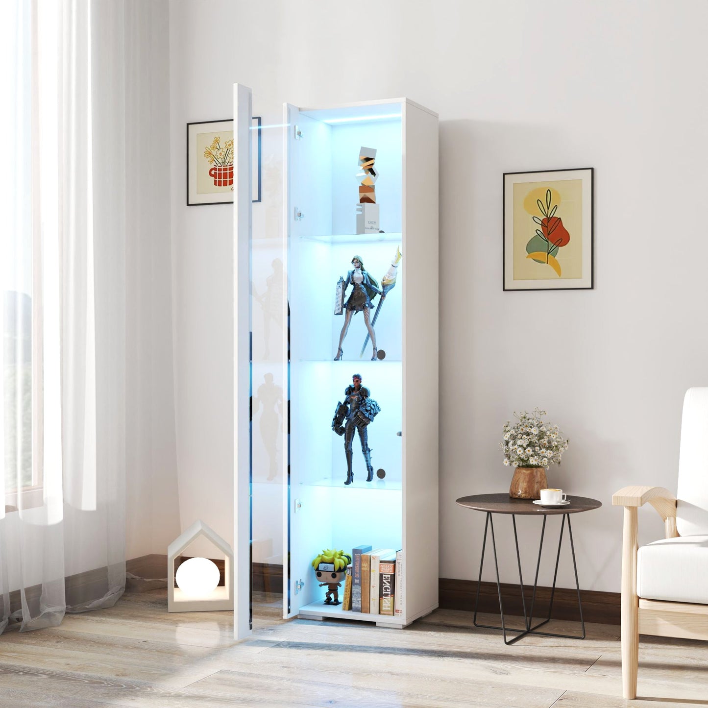 Side cabinet with aluminum strip lamp, white with glass doors, blue LED lighting, HouseOfZazla on Tampa Home & Garden Store