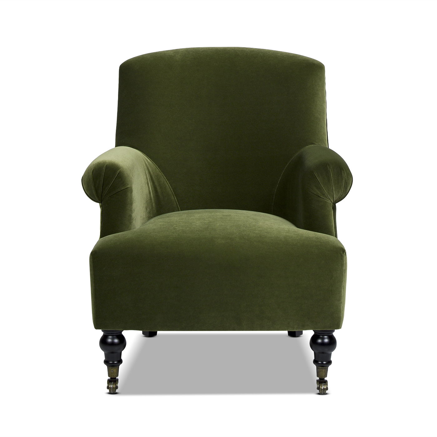 Eloise Armchair in olive green velvet with pleated sock arms by HouseOfZazla castered feet on Tampa Home & Garden Store