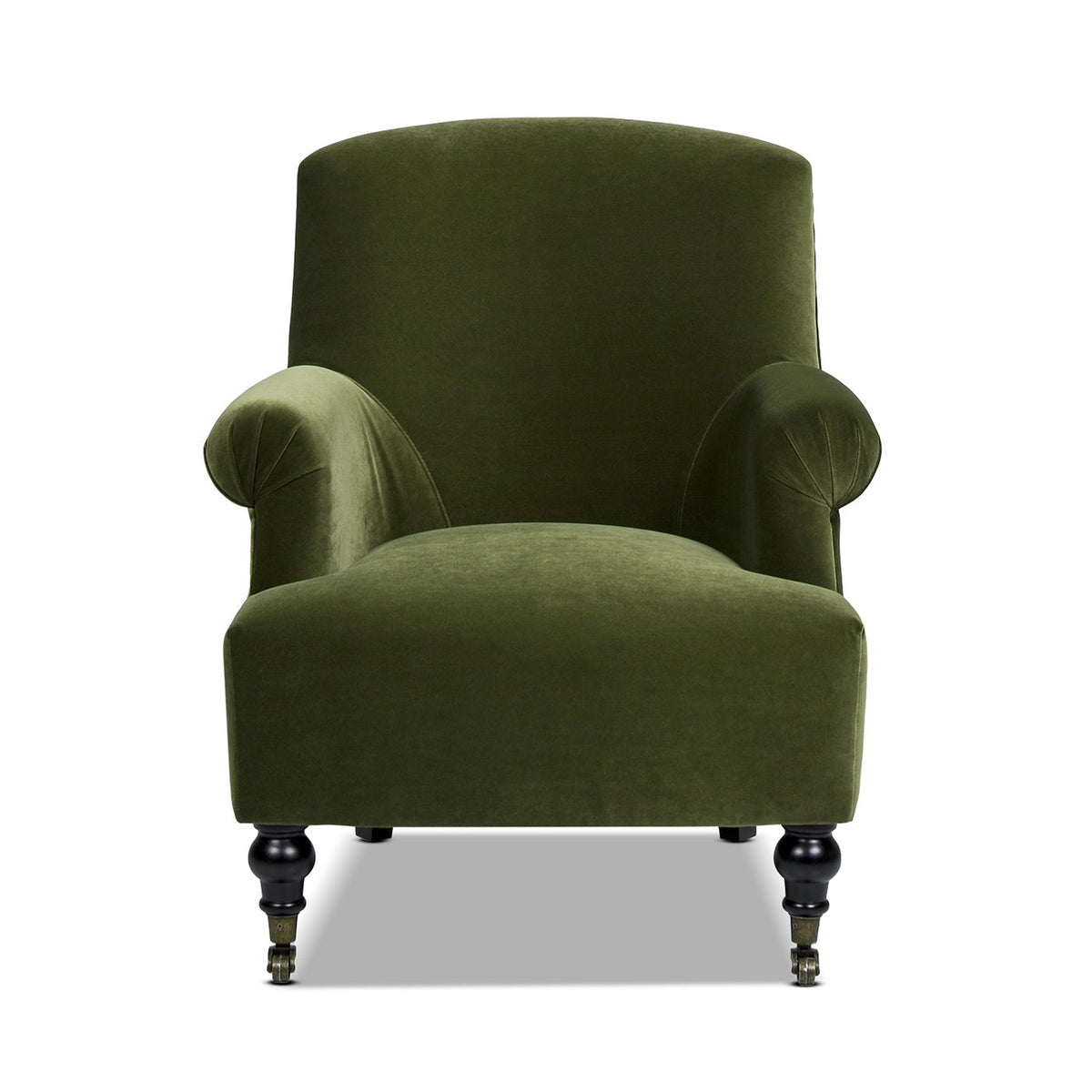Eloise Armchair in olive green velvet with pleated sock arms by HouseOfZazla castered feet on Tampa Home & Garden Store