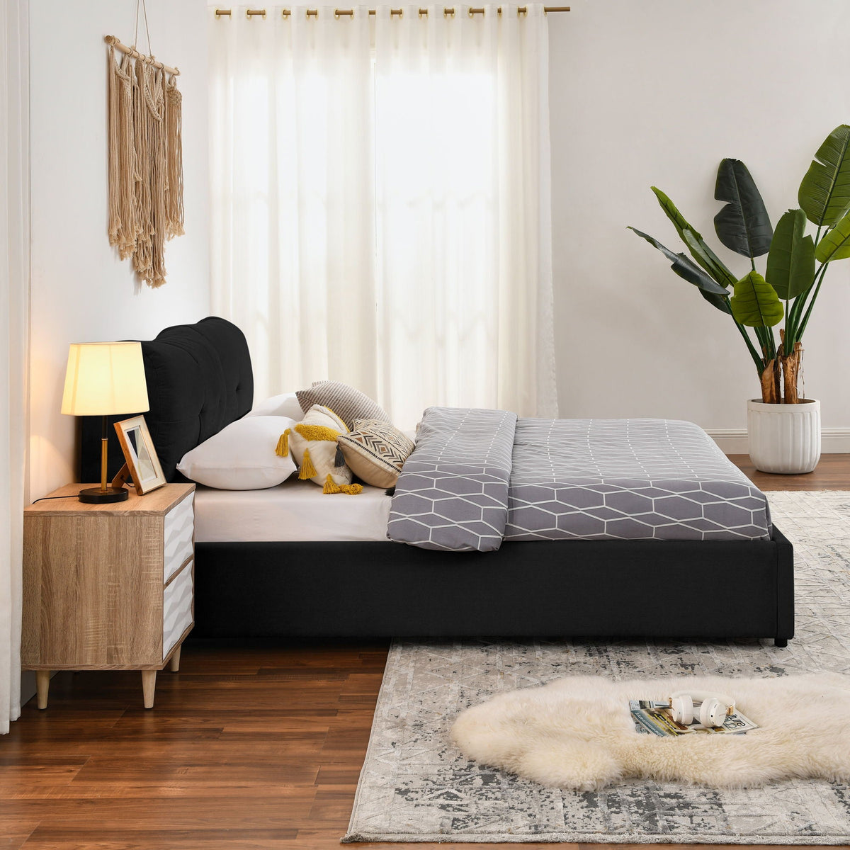 Storage upholstered hydraulic platform bed with headboard in black fabric by HouseOfZazla on Tampa Home & Garden Store