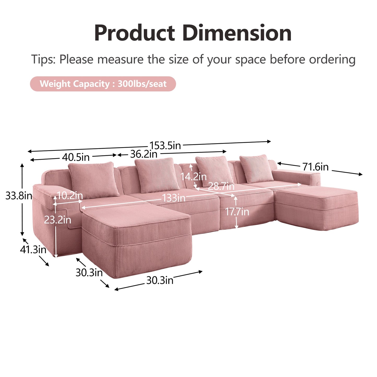 Modular 4-seat U-shape sectional sofa in pink ribbed fabric by HouseOfZazla with ottoman on Tampa Home & Garden Store