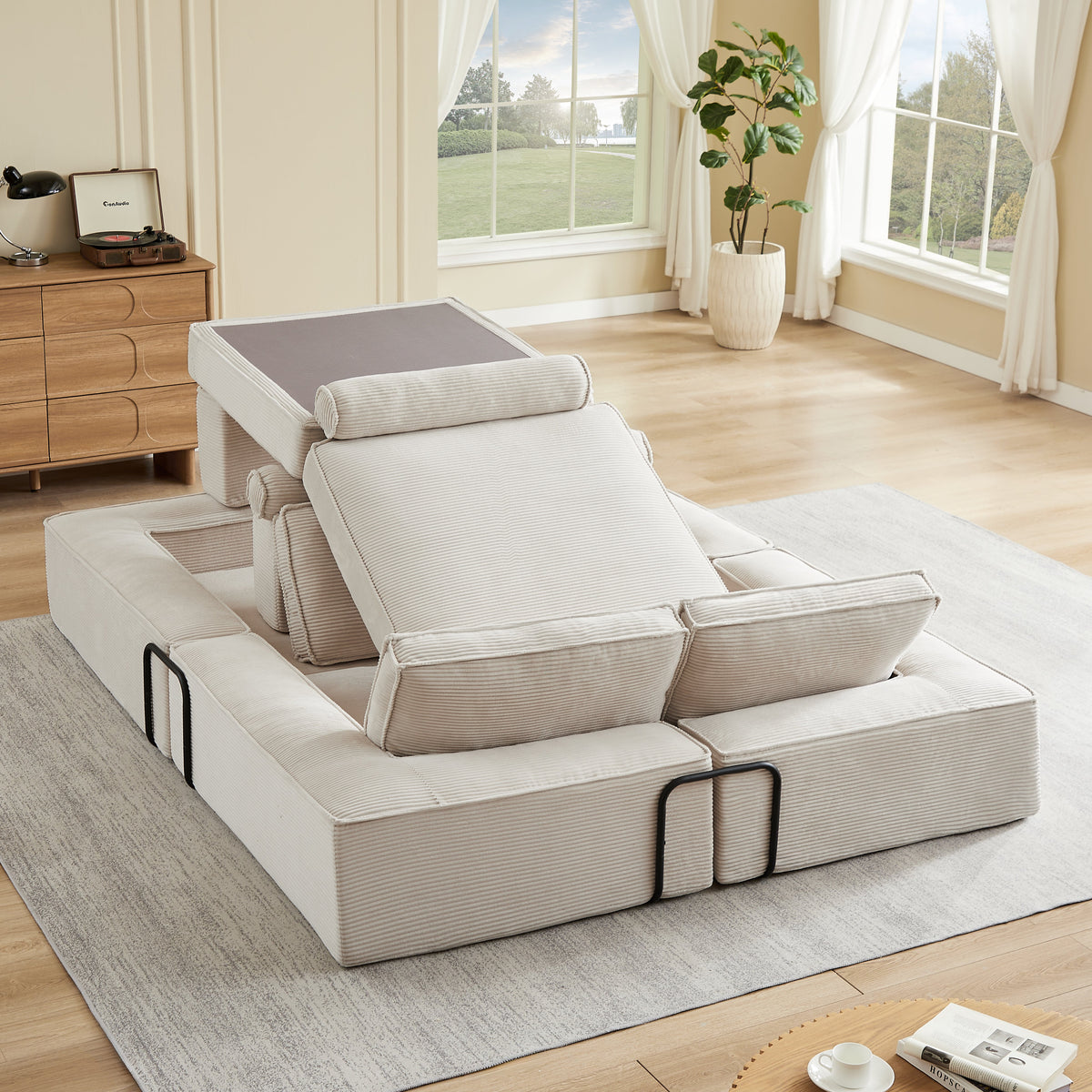 Large modern corduroy sectional sofa with light beige upholstery, modular pieces on Tampa Home & Garden Store