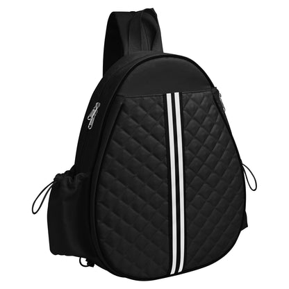GemGear pickleball sling bag, black quilted front with white striped strap and zip pocket on Tampa Home & Garden Store