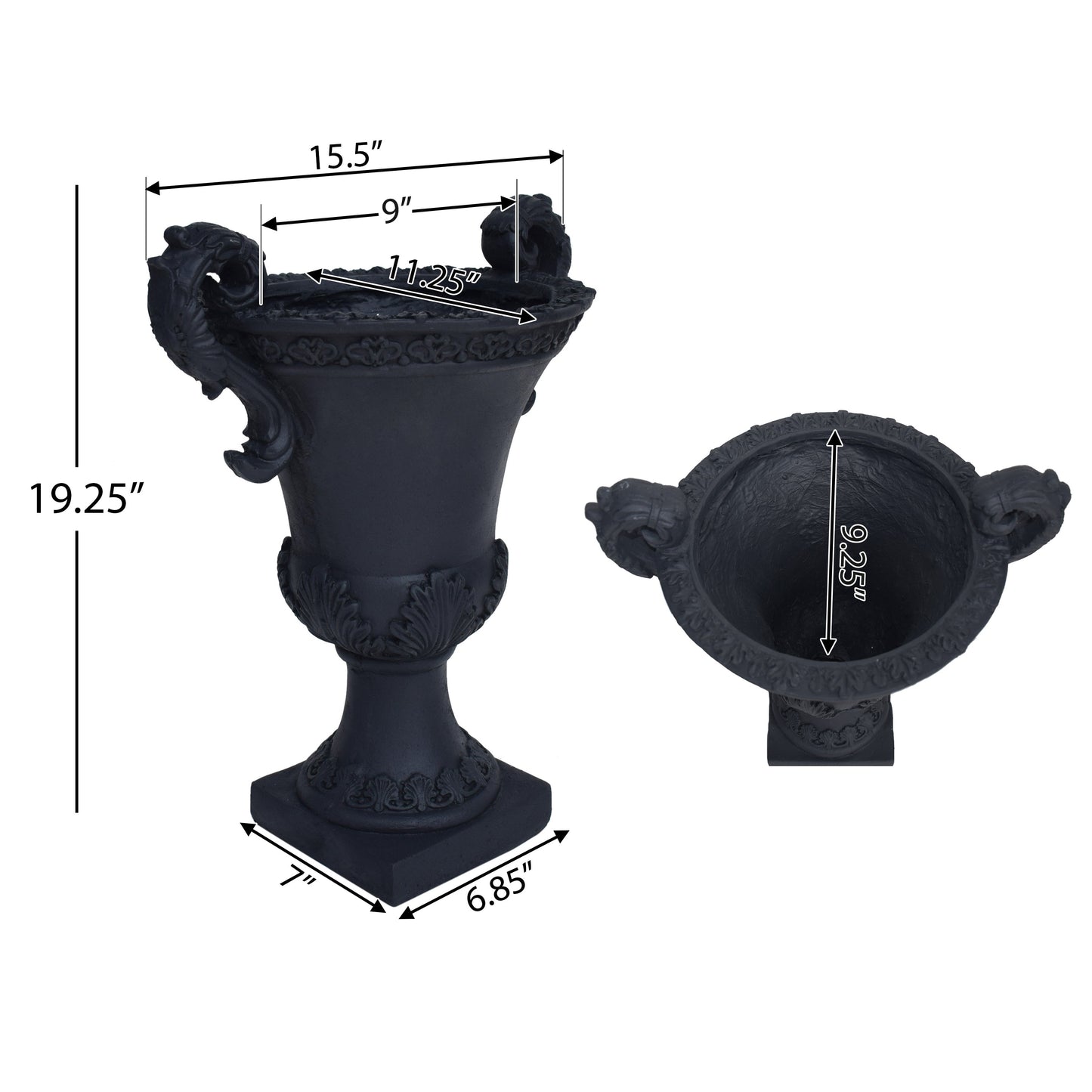 Delphine Urn Planter by HouseOfZazla, black ornate urn with lid and decorative scrollwork detailing on Tampa Home & Garden Store