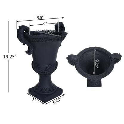 Delphine Urn Planter by HouseOfZazla, black ornate urn with lid and decorative scrollwork detailing on Tampa Home & Garden Store