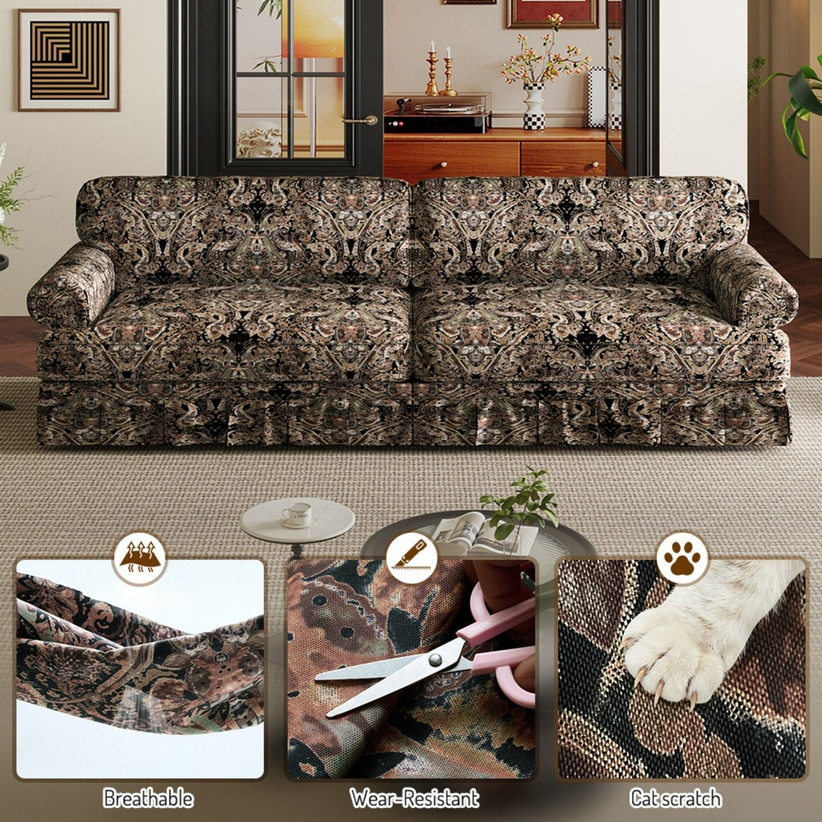 Comfortable Cloud Sofa by HouseOfZazla with rolled arms and a skirt in dark damask upholstery stationary sofa on Tampa Home & Garden Store