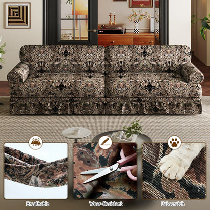 Comfortable Cloud Sofa by HouseOfZazla with rolled arms and a skirt in dark damask upholstery stationary sofa on Tampa Home & Garden Store