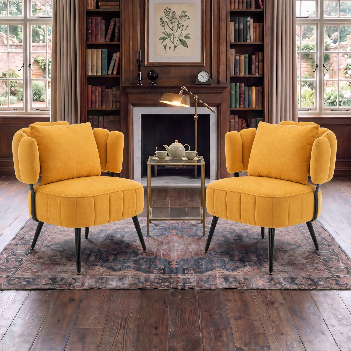 Decorative Armchair With Spring Seat Cushion, pair in mustard-yellow velvet with black legs on Tampa Home & Garden Store
