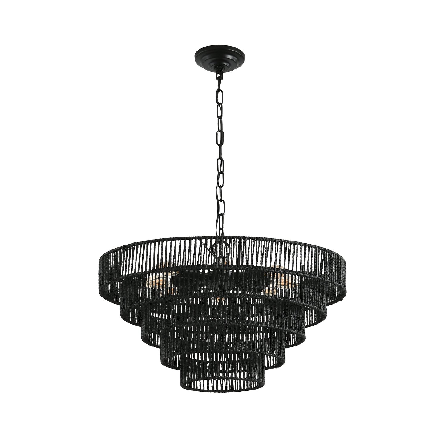 24' Rustic 5-Tier Black Rope Pendant Light Chandelier by HouseOfZazla, black chain drum on Tampa Home & Garden Store