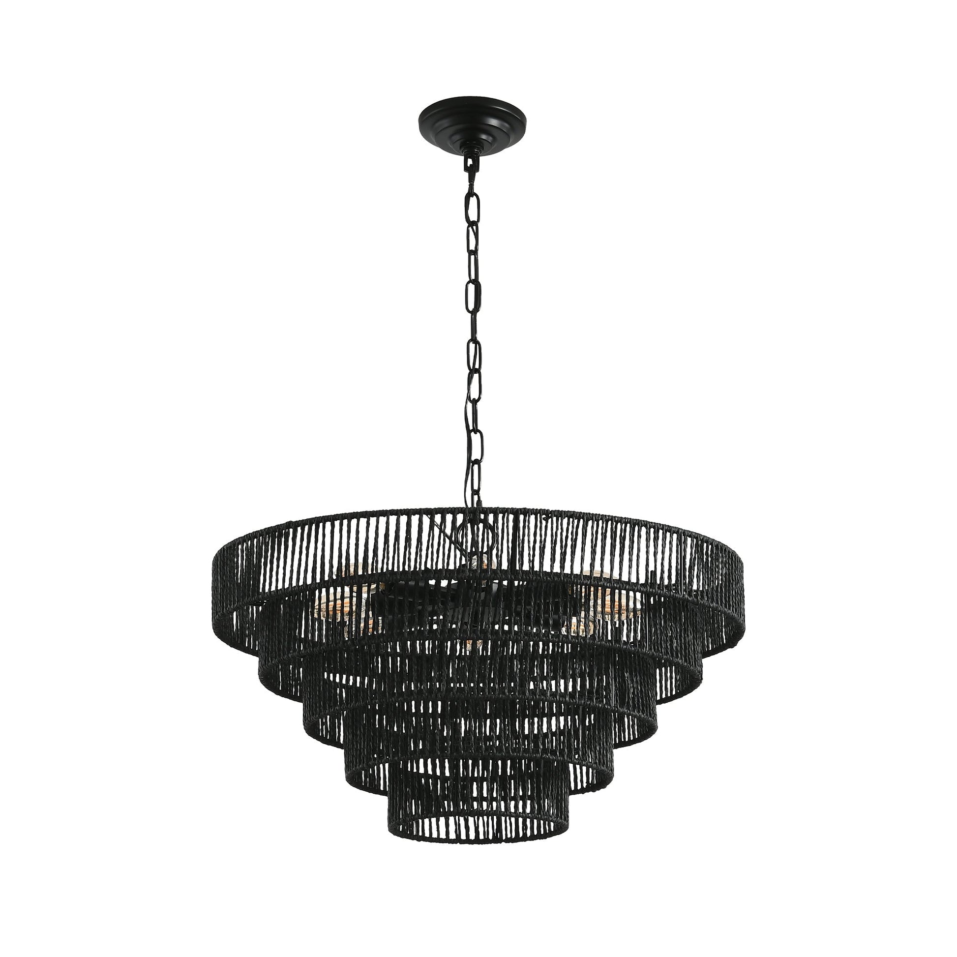 24' Rustic 5-Tier Black Rope Pendant Light Chandelier by HouseOfZazla, black chain drum on Tampa Home & Garden Store