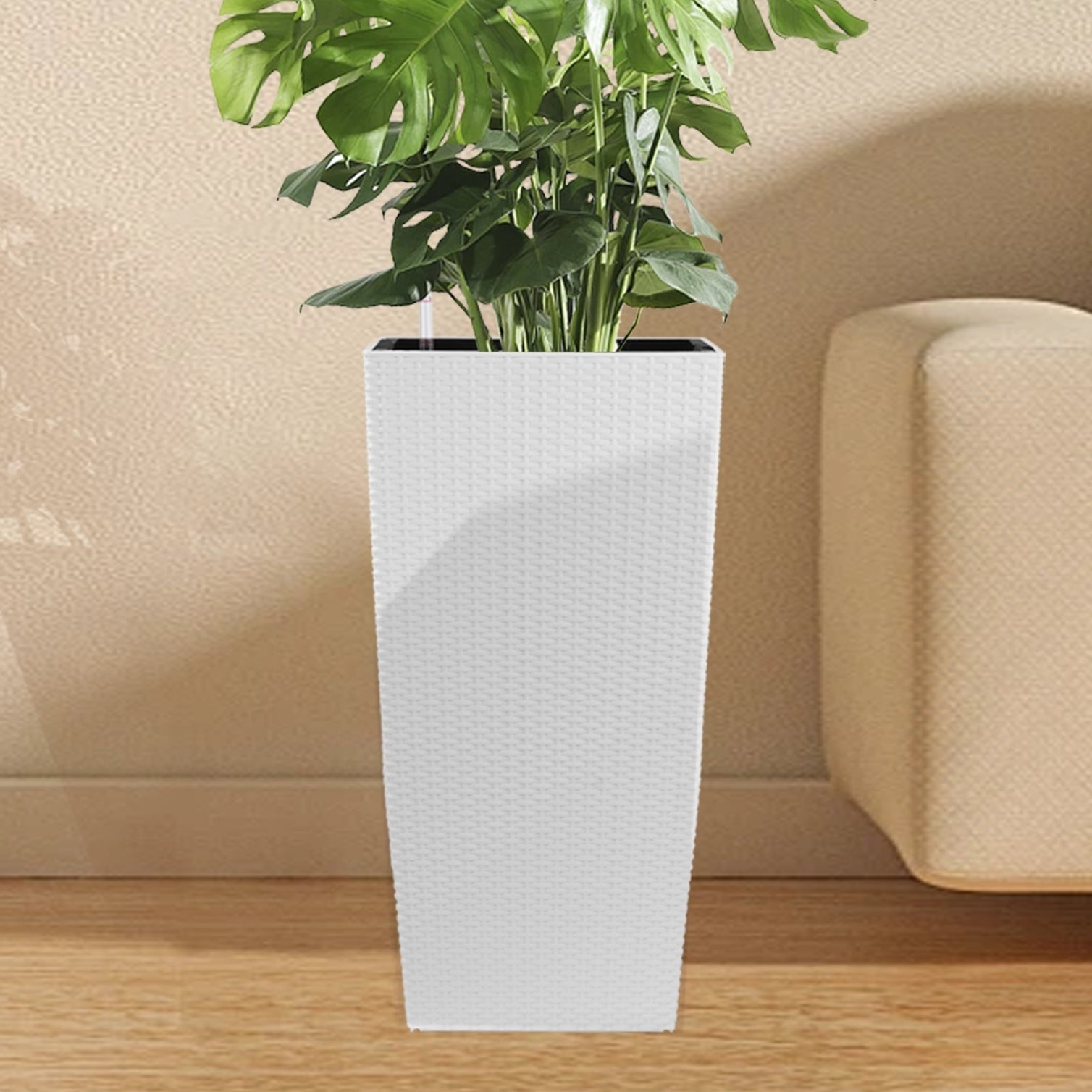 Planter, white faux-rattan square, 22.6-inch plastic indoor/outdoor with auto-watering system on Tampa Home & Garden Store