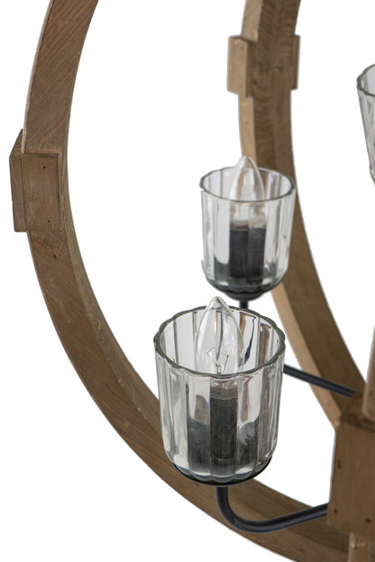 Chandelier with wooden circular frame and ribbed glass cup shades on Tampa Home & Garden Store