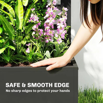 Planter Box Raised Garden Bed by HouseOfZazla, gray planter with greenery and pink blooms on Tampa Home & Garden Store