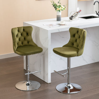 Swivel adjustable-height barstools set of 2 olive green velvet tufted backs with chrome bases on Tampa Home & Garden Store
