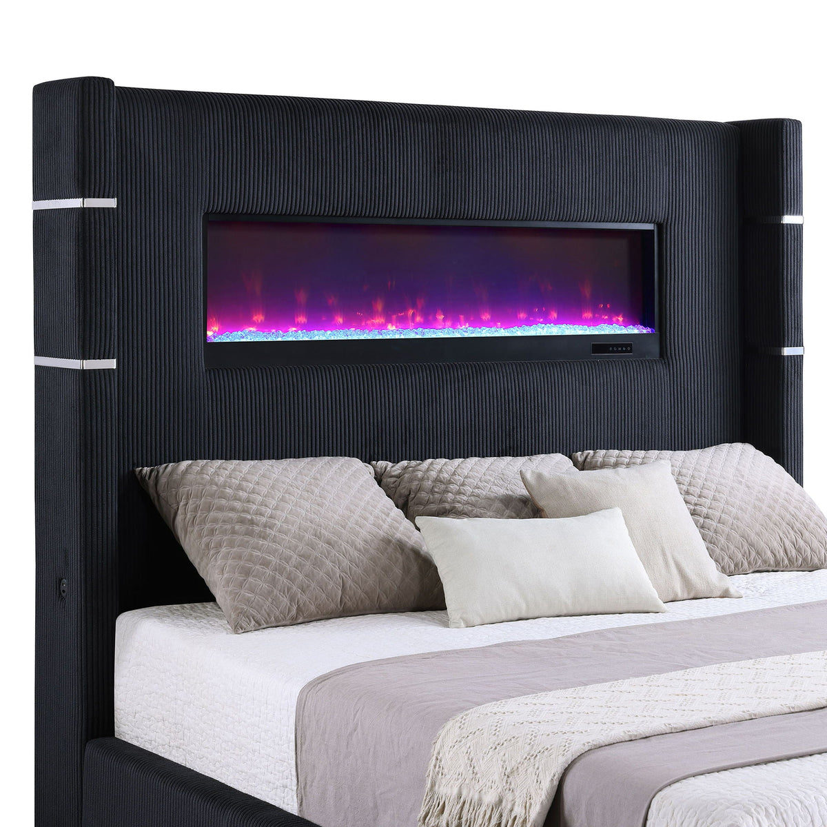 Judah Flame Visualizer Bed black ribbed upholstery with built-in electric fireplace on Tampa Home & Garden Store