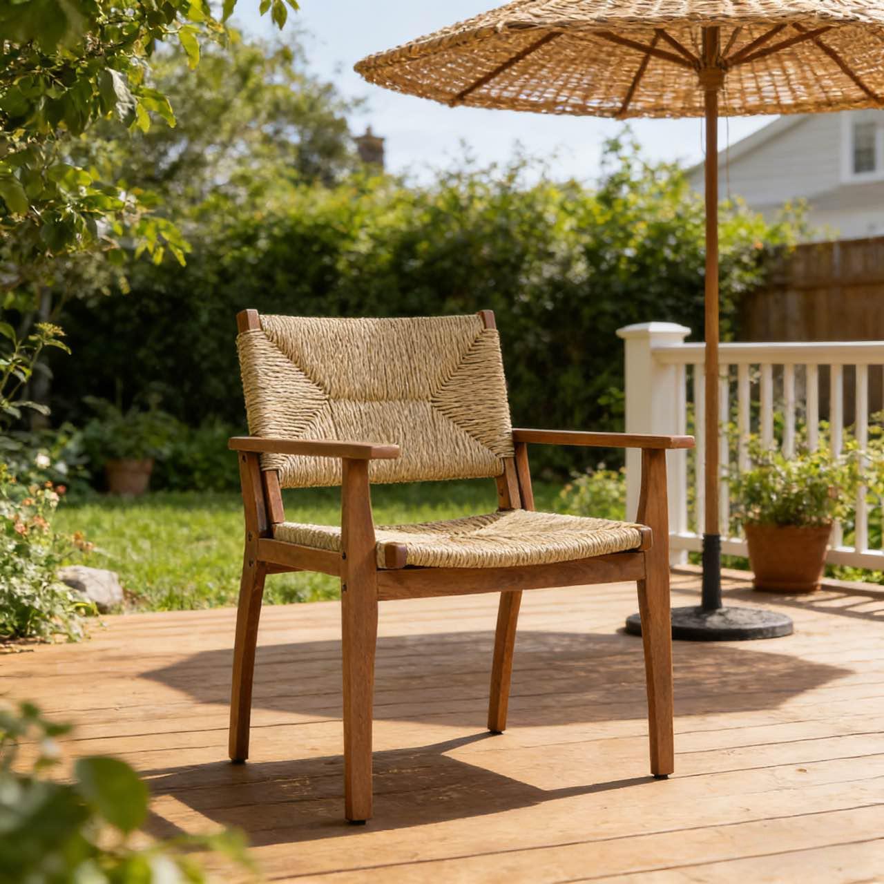 Durable outdoor dining chair with acacia wood frame and woven wicker seat HouseOfZazla on Tampa Home & Garden Store