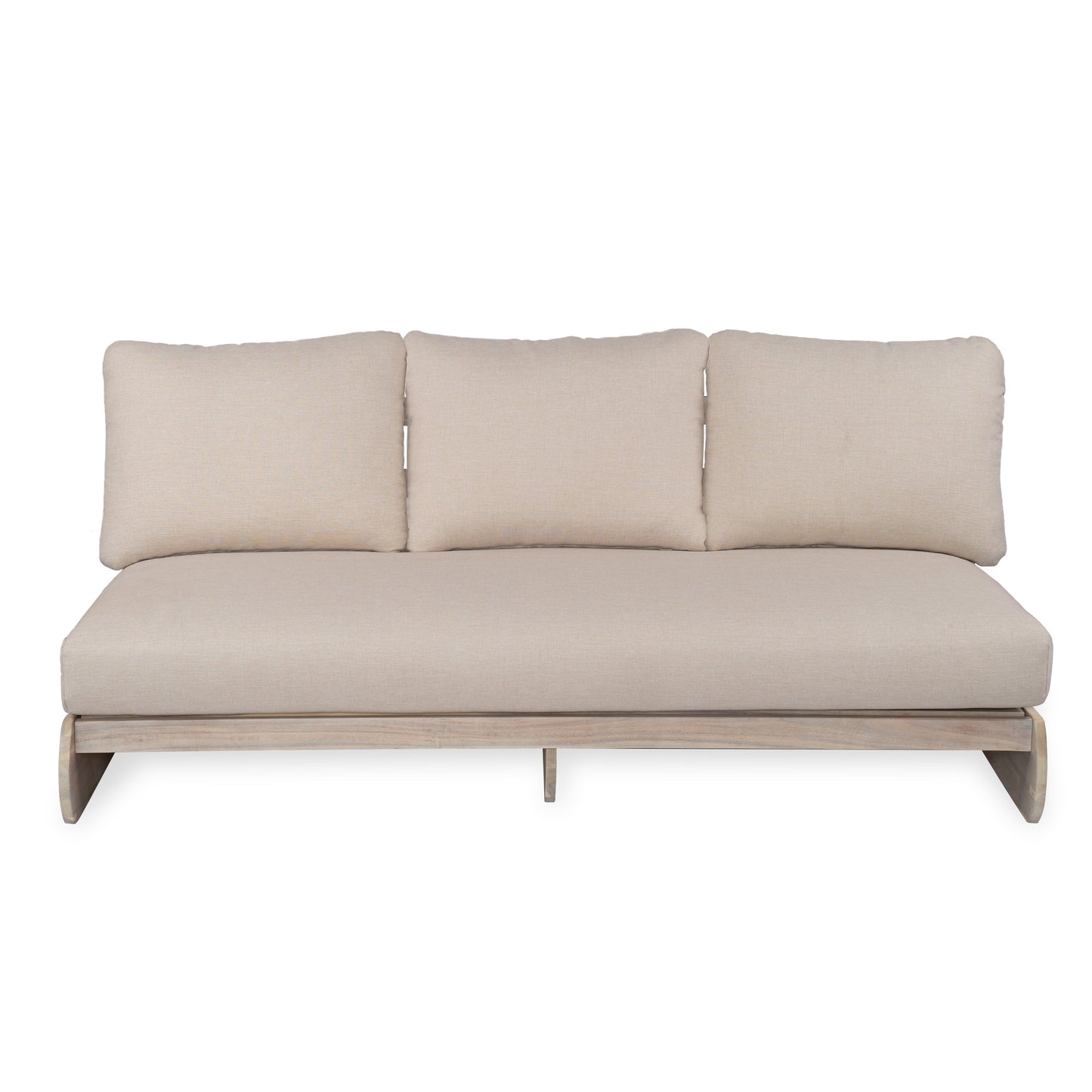 Outdoor Acacia Lazy 5 Seater Chat Set patio seating with beige cushions and wood base on Tampa Home & Garden Store