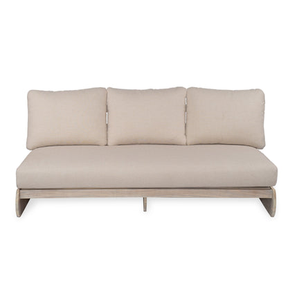 Outdoor Acacia Lazy 5 Seater Chat Set patio seating with beige cushions and wood base on Tampa Home & Garden Store