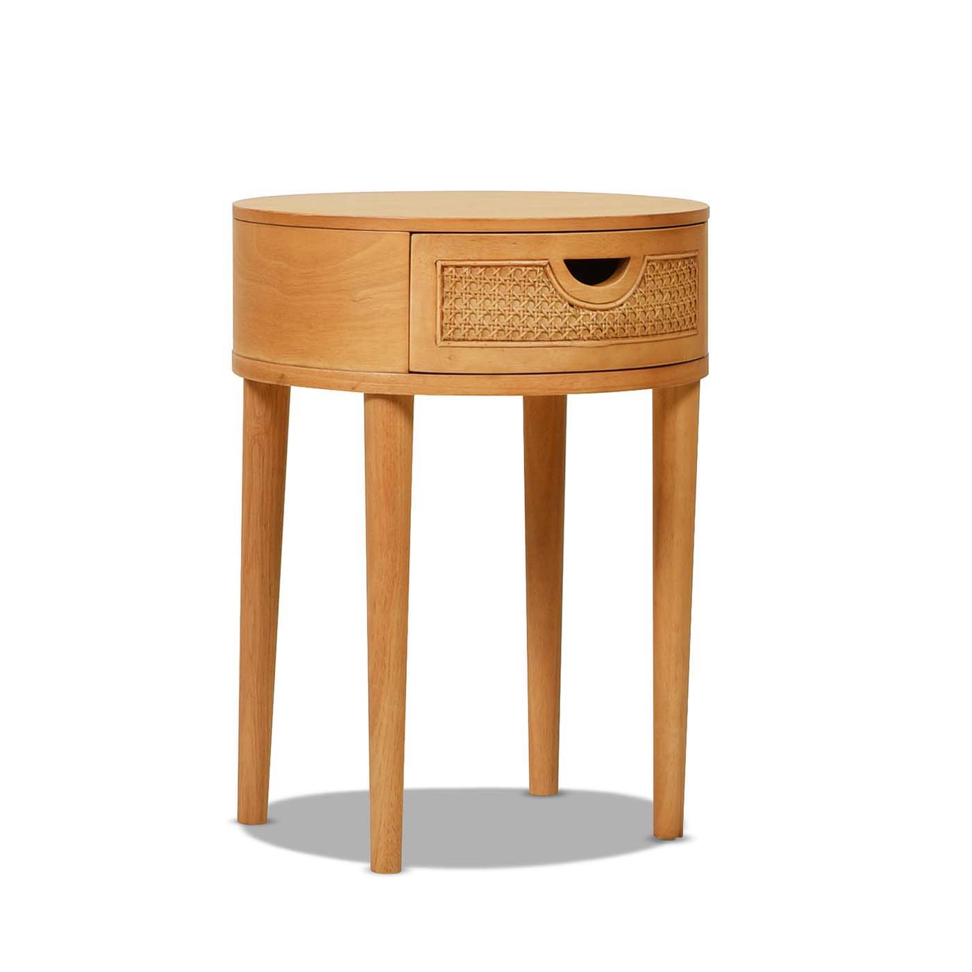 Cabana Round Cane Storage Side Table in natural brown oak by HouseOfZazla on Tampa Home & Garden Store