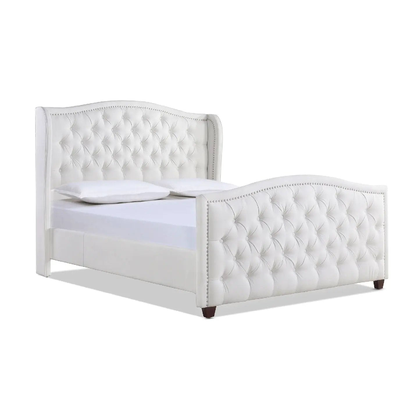 Marcella Upholstered Shelter Headboard Bed Set, white tufted fabric with nailhead trim on Tampa Home & Garden Store