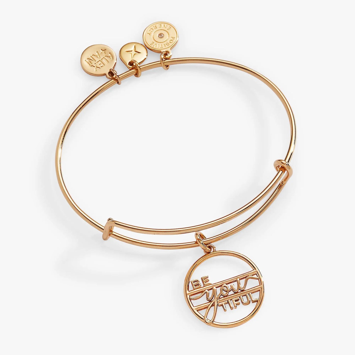 Be-You-Tiful Bangle by ALEX AND ANI with three round engraved charms on a rose-gold bracelet on Tampa Home & Garden Store