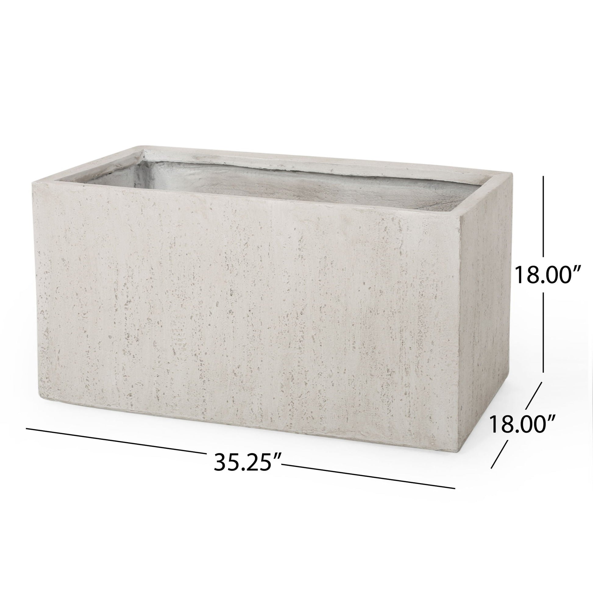 Modern outdoor planter in concrete gray, textured surface, 18.0 in tall by 35.25 in long on Tampa Home & Garden Store