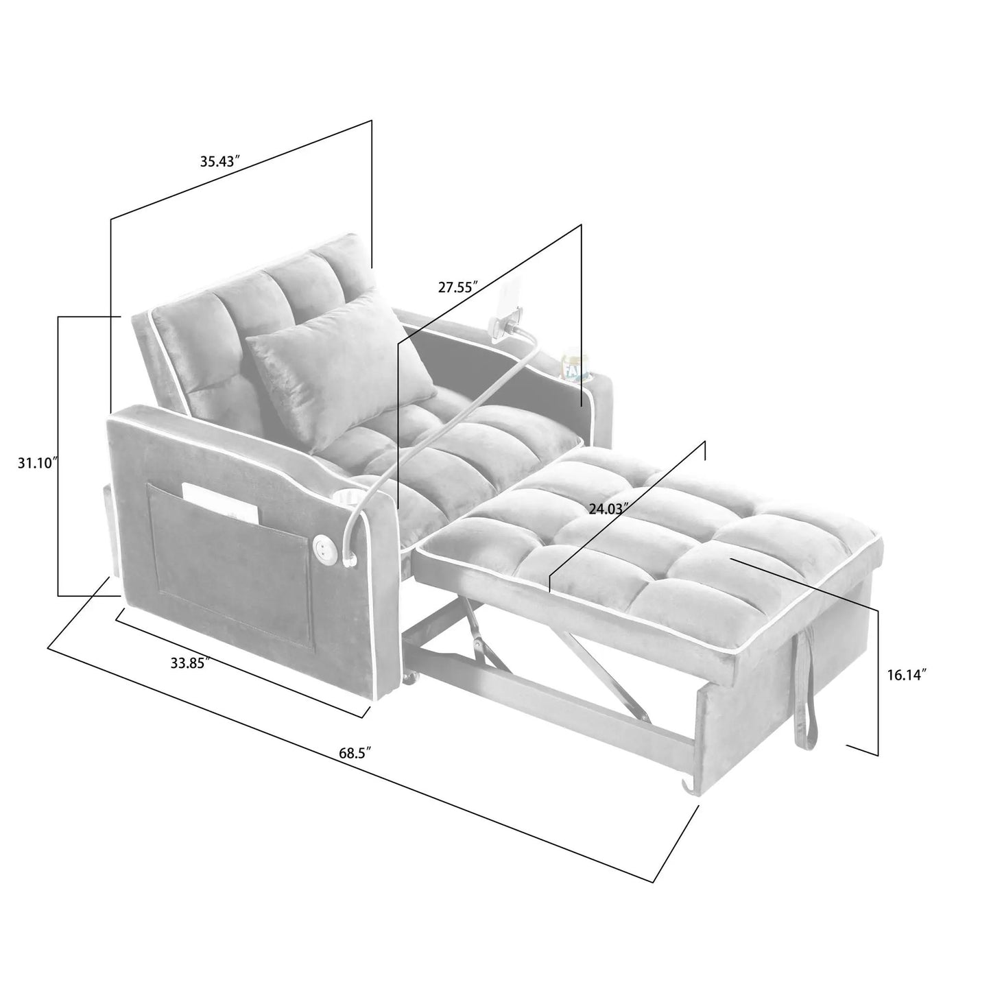 Convertible Sleeper Chair Sofa Bed with pull-out bed, gray fabric, 3-in-1 design on Tampa Home & Garden Store