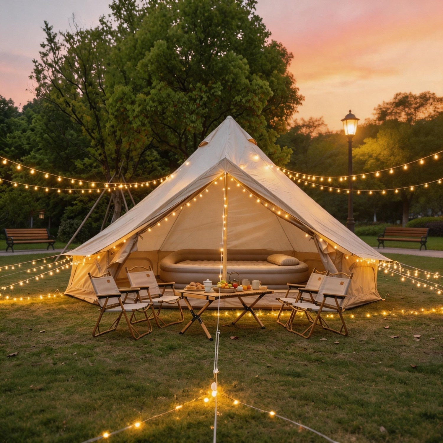 Oxford Bell Tent 13.1FT by GemGear with stove jack in cream canvas, string-lit family camp setup on Tampa Home & Garden Store