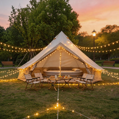Oxford Bell Tent 13.1FT by GemGear with stove jack in cream canvas, string-lit family camp setup on Tampa Home & Garden Store