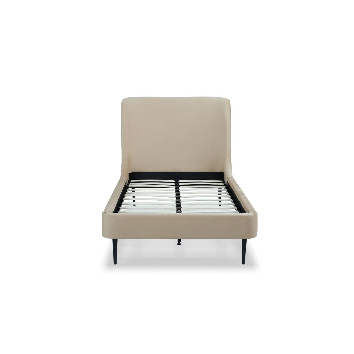 Heather Upholstered Bed with curved beige headboard and slim black metal legs HouseOfZazla on Tampa Home & Garden Store