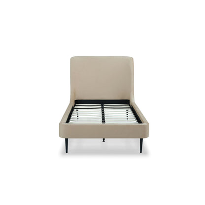 Heather Upholstered Bed with curved beige headboard and slim black metal legs HouseOfZazla on Tampa Home & Garden Store