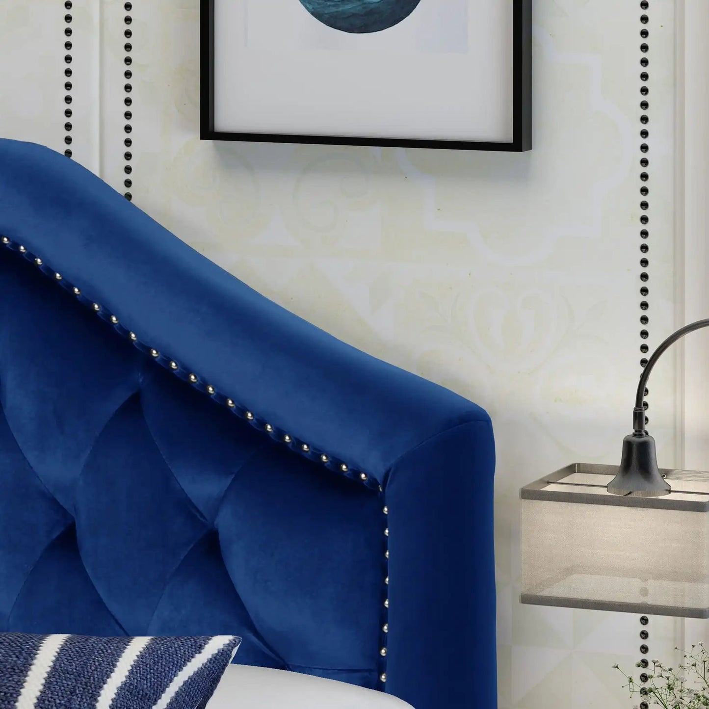 Kaarina Contemporary Tufted Fabric Headboard in royal blue with tufting and nailhead trim on Tampa Home & Garden Store