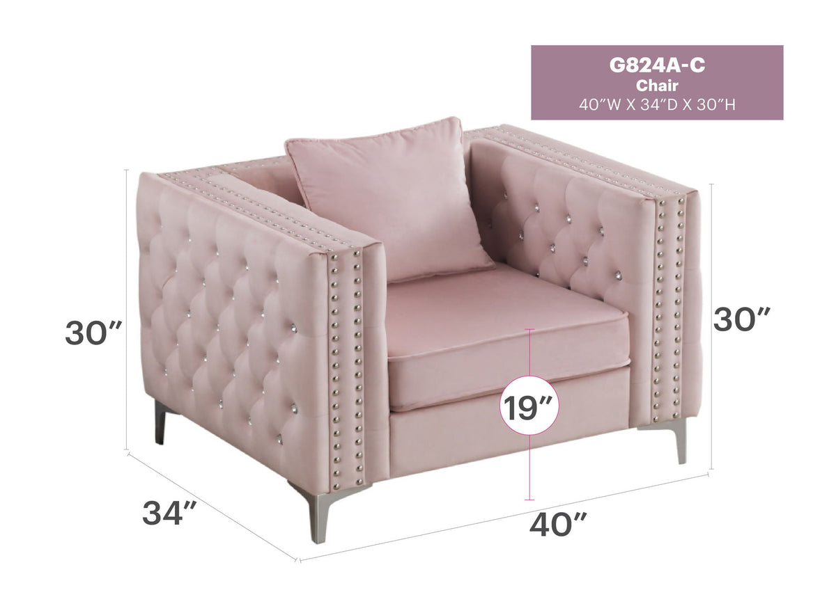 Tufted Arm Chair Paige by HouseOfZazla, pink velvet with diamond buttons and nailhead trim on Tampa Home & Garden Store