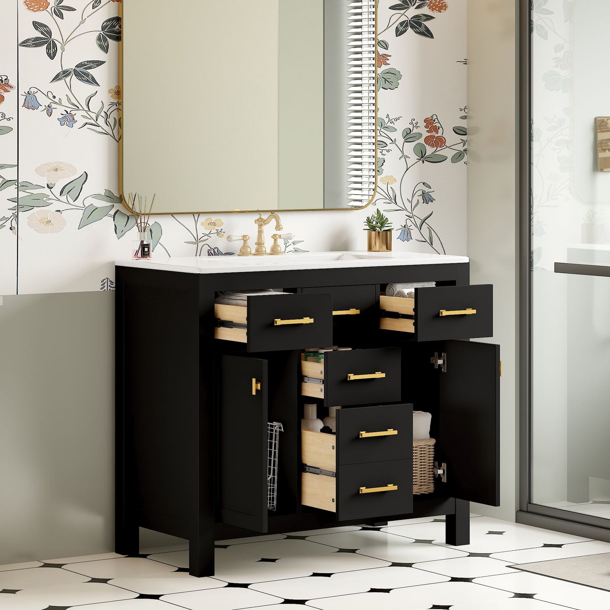 Bathroom vanity with sink; black cabinet, white countertop, four drawers with gold handles on Tampa Home & Garden Store