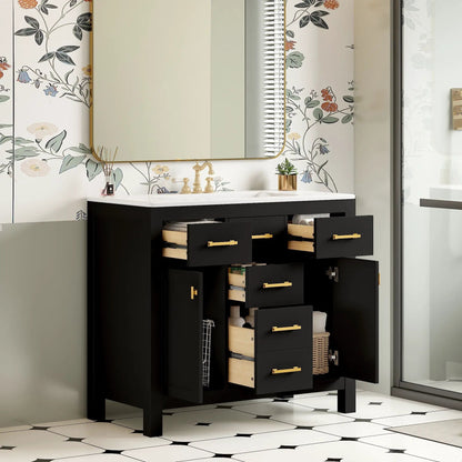Bathroom vanity with sink; black cabinet, white countertop, four drawers with gold handles on Tampa Home & Garden Store