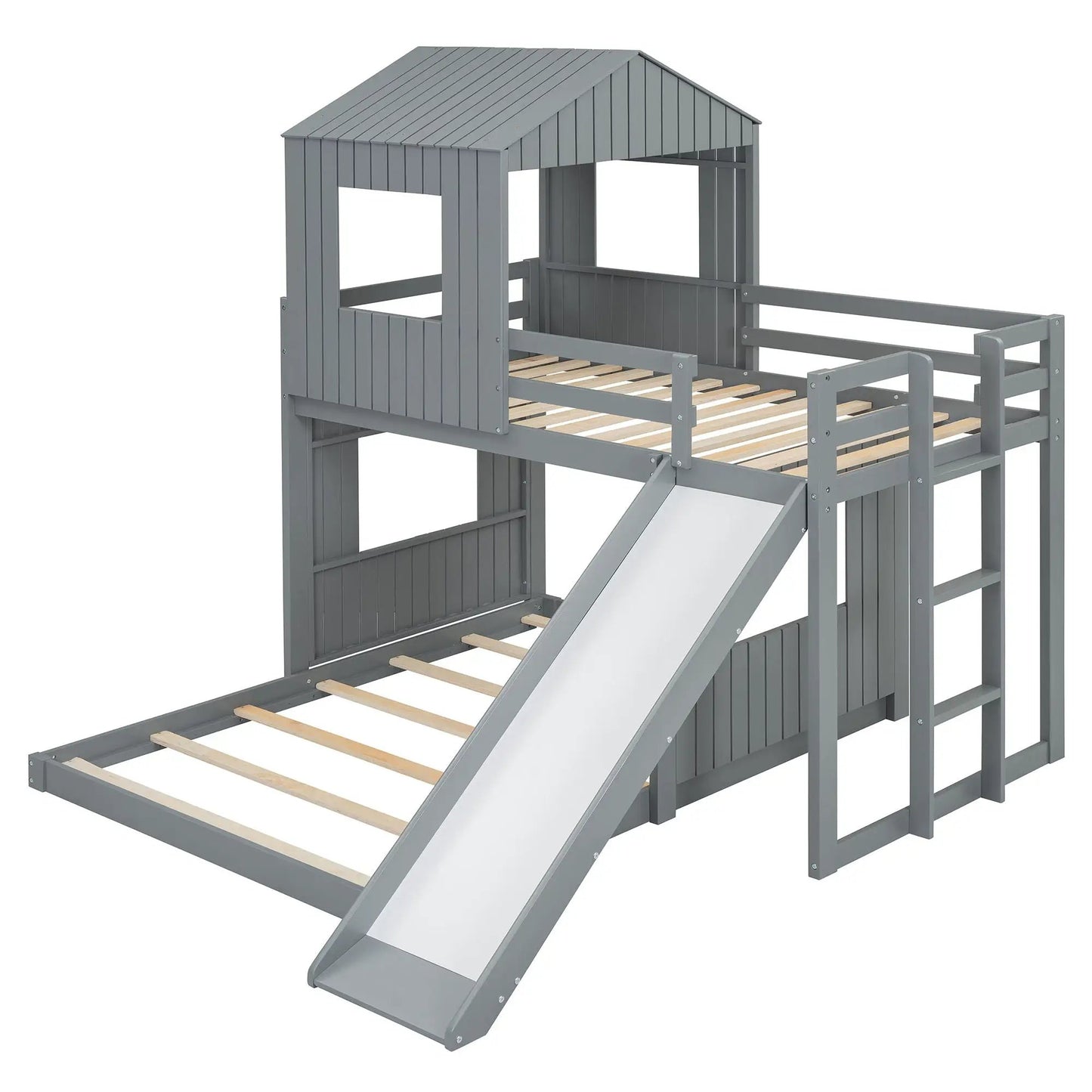 Loft bunk bed with playhouse in gray farmhouse finish includes ladder, guardrails and slide on Tampa Home & Garden Store