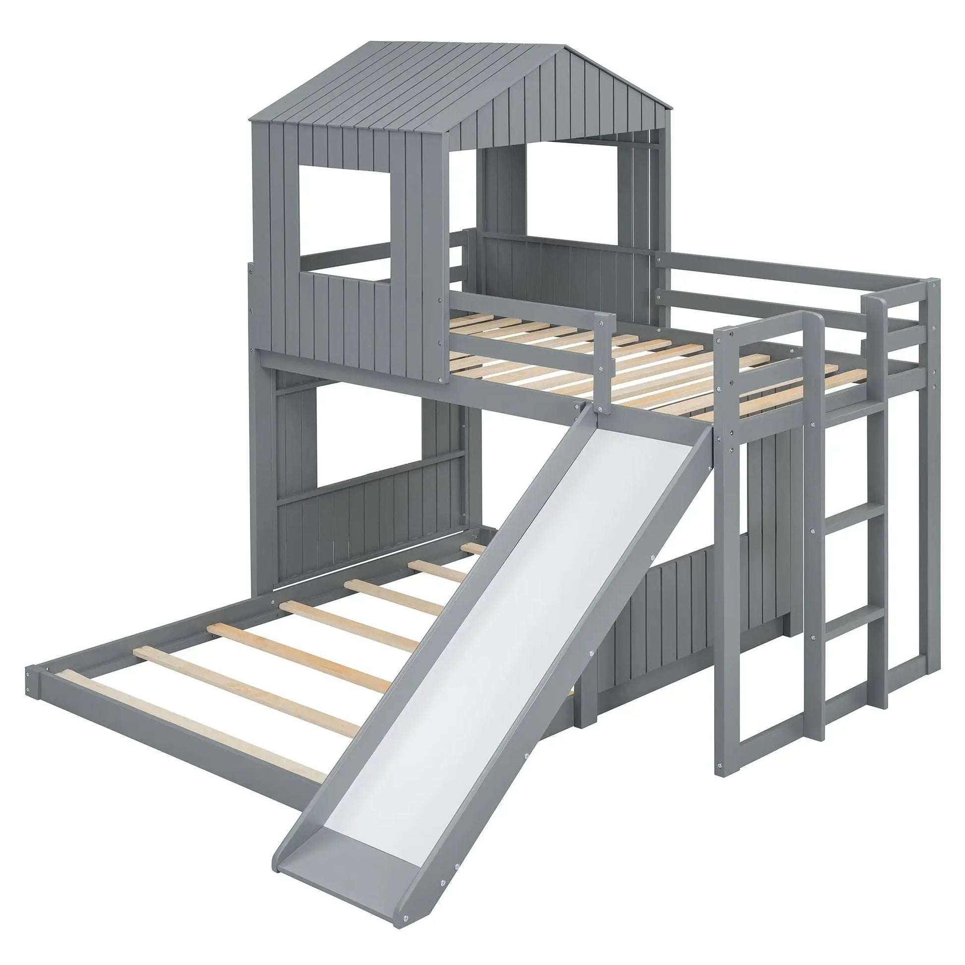 Loft bunk bed with playhouse in gray farmhouse finish includes ladder, guardrails and slide on Tampa Home & Garden Store