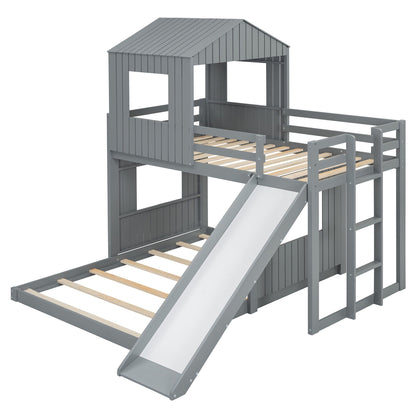 Loft Bunk Bed with Playhouse by HouseOfZazla, gray frame with ladder and slide on Tampa Home & Garden Store