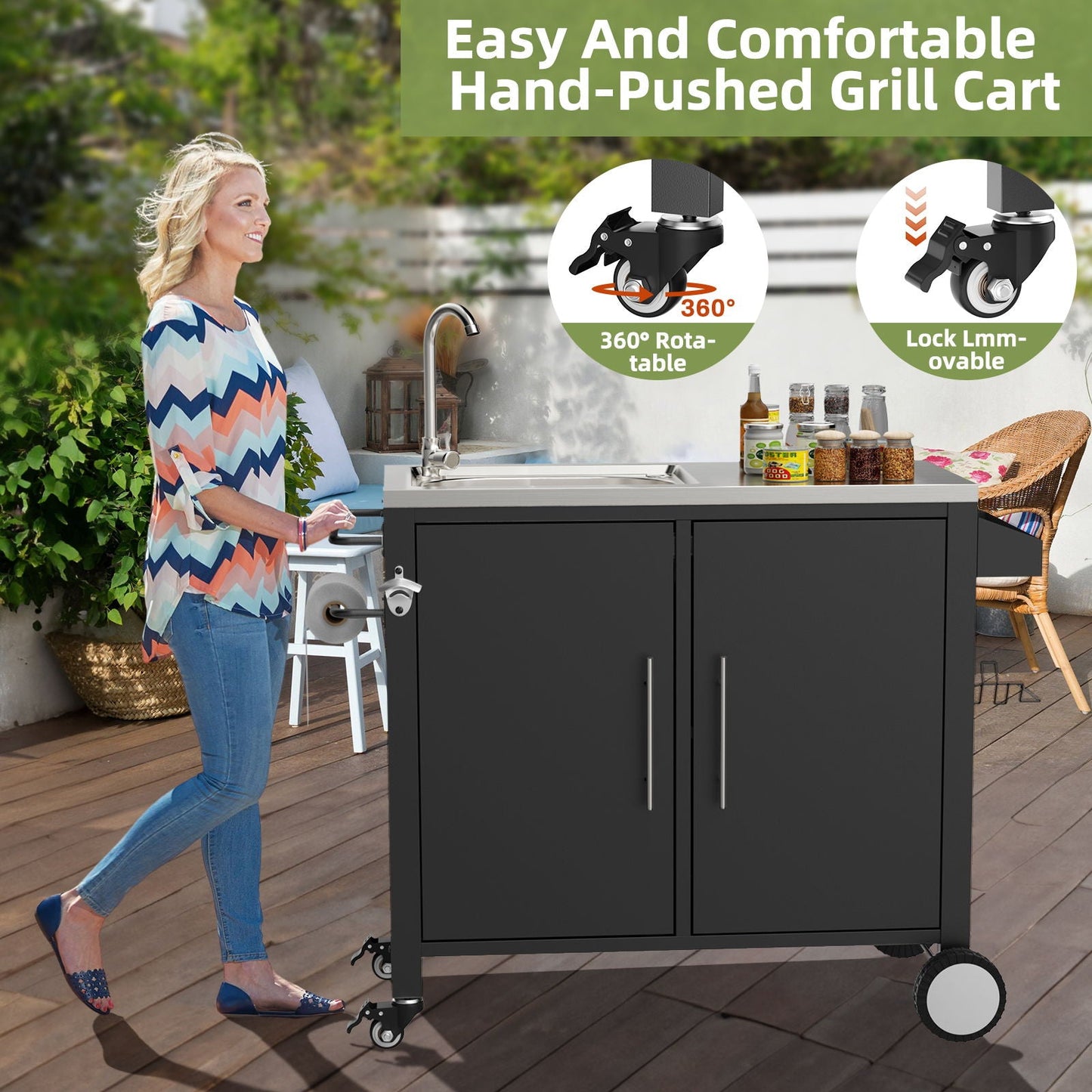 Outdoor Grill Cart With Sink and Storage Cabinet